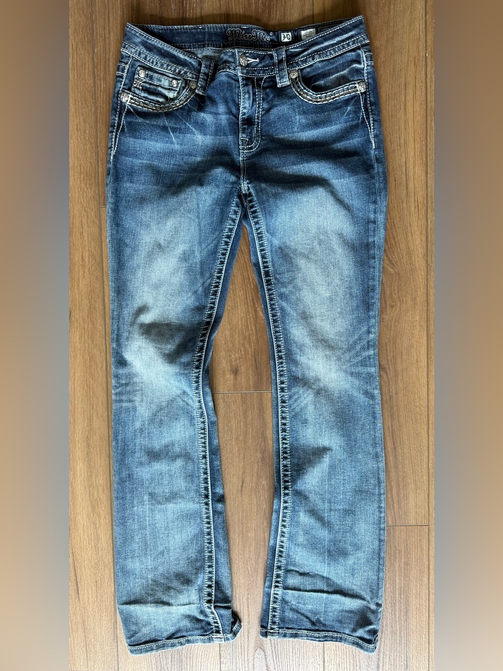 Miss Me Signature Boot Cut Blue Jeans Embellished Floral Sequence Size 30x32